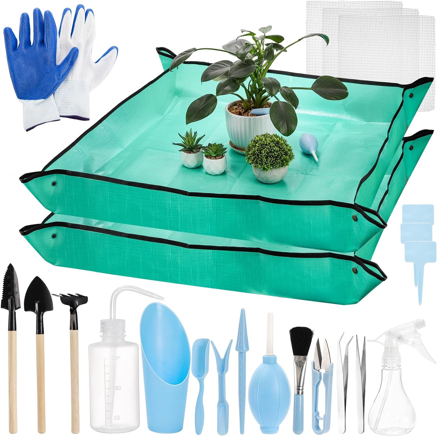 TOPZEA 23 Pack Succulent Tool Set, 2 Pack 39.4 Plant Repotting Mat Indoor Transplanting Tool Supplies Miniature Bonsai Hand Tool Kit with Plant Potting Mat, Garden Mini Gardening Tools for Plant Care