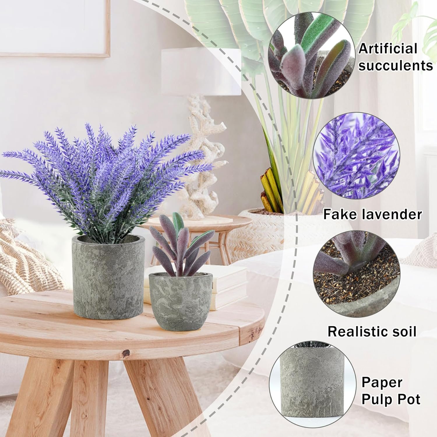 ALAGIRLS 4 Packs Fake Plants Small Artificial Plants Indoor Lavender Flowers Eucalyptus Succulents Plants Potted Faux Plants for Home Indoor Office Bathroom Living Room Decor