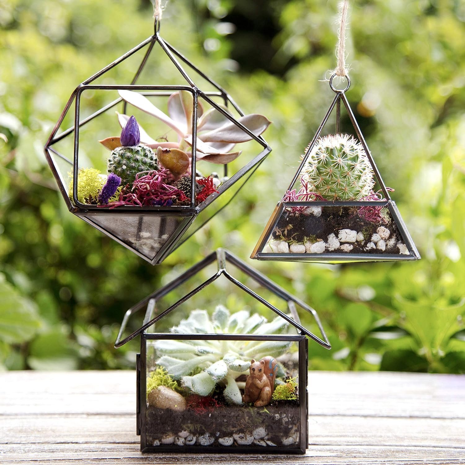DEco Glass Geometric Plant Terrarium Set of 3 - Indoor Tabletop  Hanging Brass Triangle, House  Prism Planters - Succulents, Air Plants, Moss - Home Garden Office Decor - Gift Set (Terrariums Only)