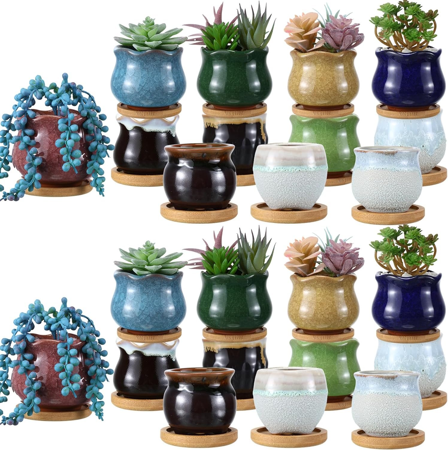 Domensi 24 Pack Small Succulent Plant Pots Ceramic Succulent Planters with Drainage and Bamboo Trays Mini Pots for Plants Cactus Home Office Decoration, Ice Crack Glaze and Flowing Glaze Flower Pots