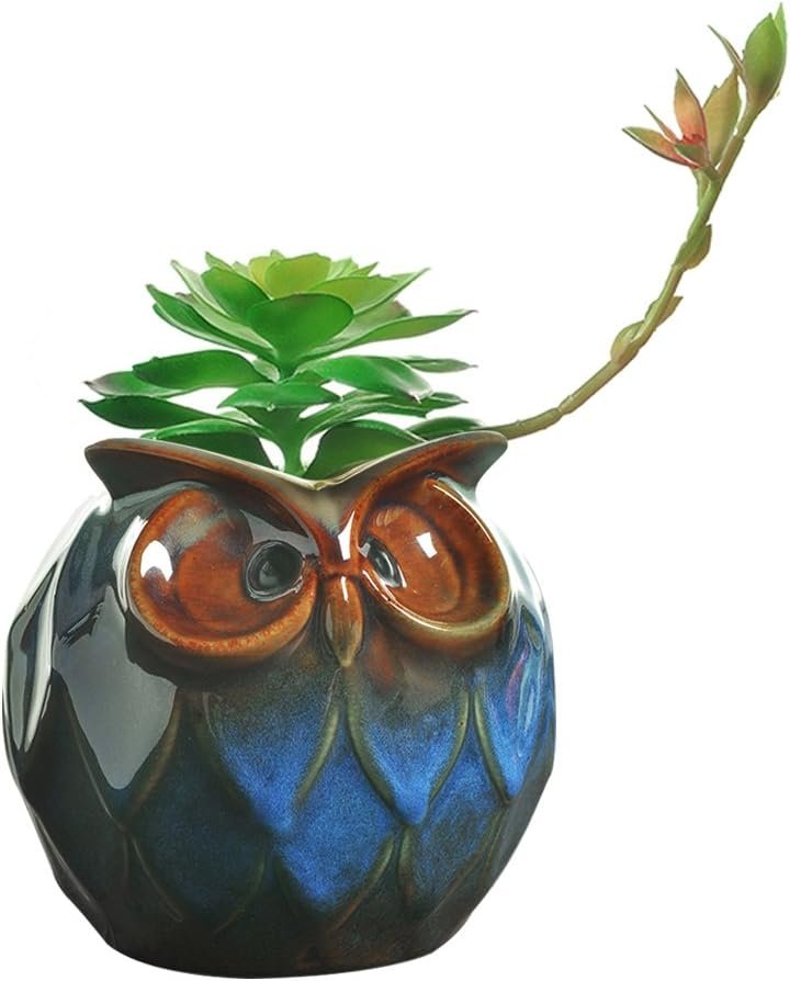 GeLive Owl Planter Ceramic Succulent Plant Pot Fun Animal Flower Container Decoration Tabletop Decor Windowsill Box with Drainage Hole Plug (Fat Owl Planter)