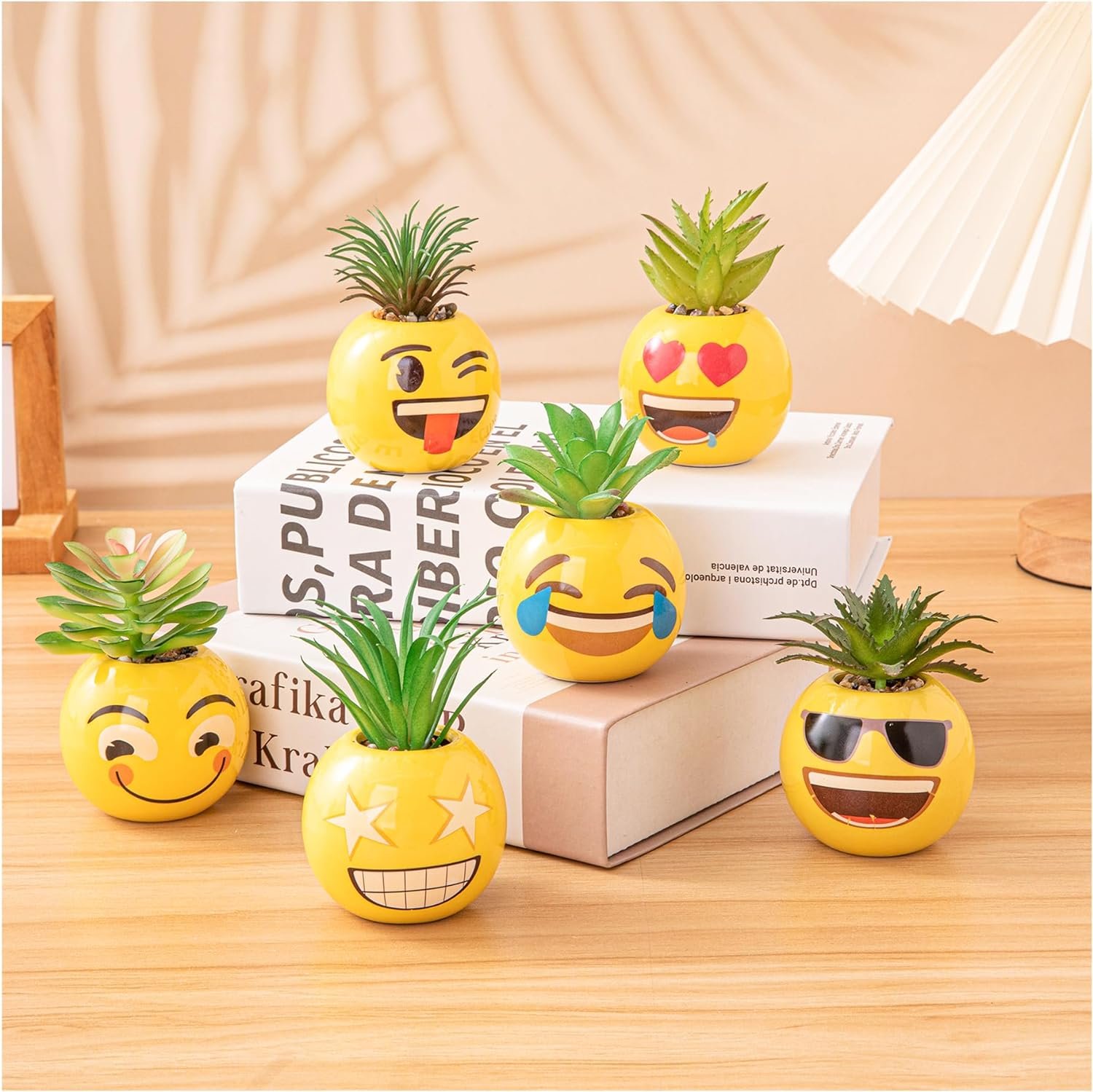 HEYO-YEPY 6PCS Cute Emoji Artificial Plant Office Decor for Women and Men, Funny Desk Plant Decor for Office and Home, Potted Small Fake Plants for Indoor Decoration