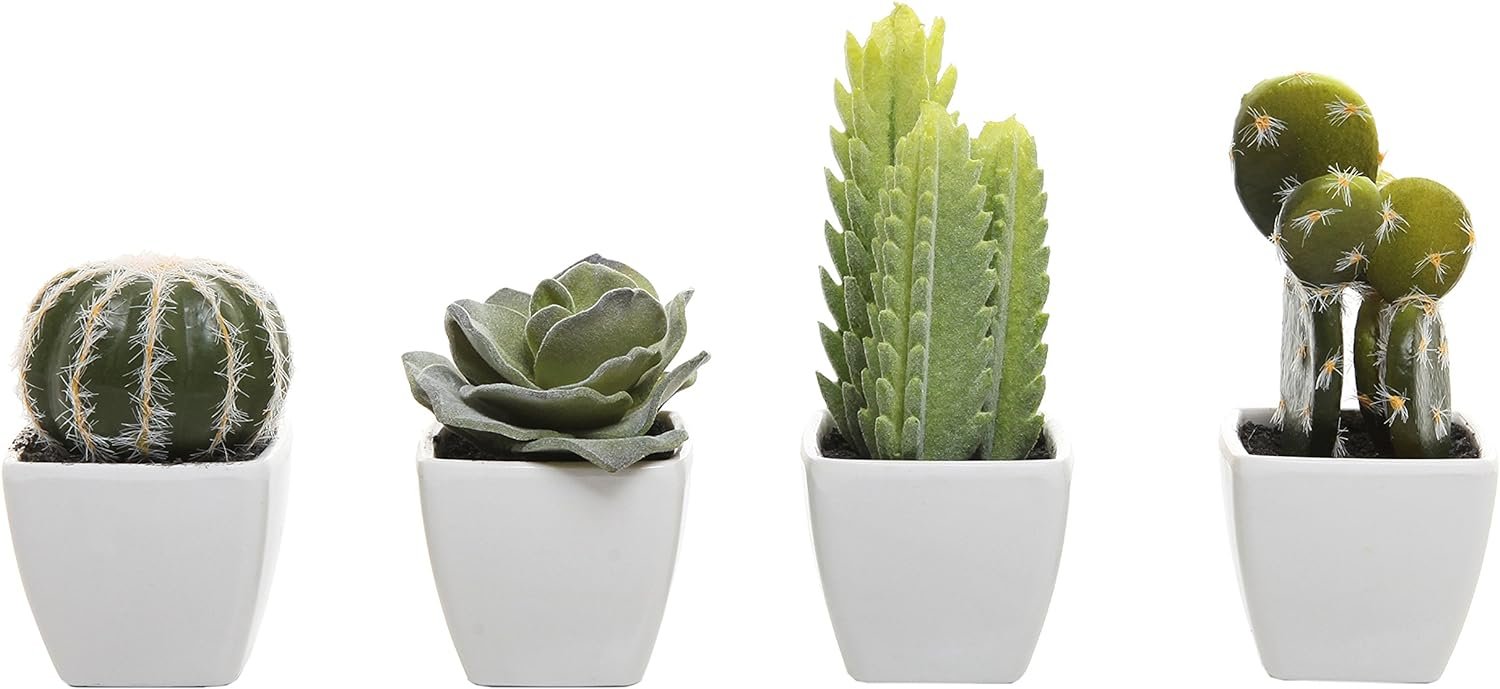 MyGift Set of 4 Assorted Miniature Artificial Succulent  Cactus Plants in White Cube-Shaped Pots