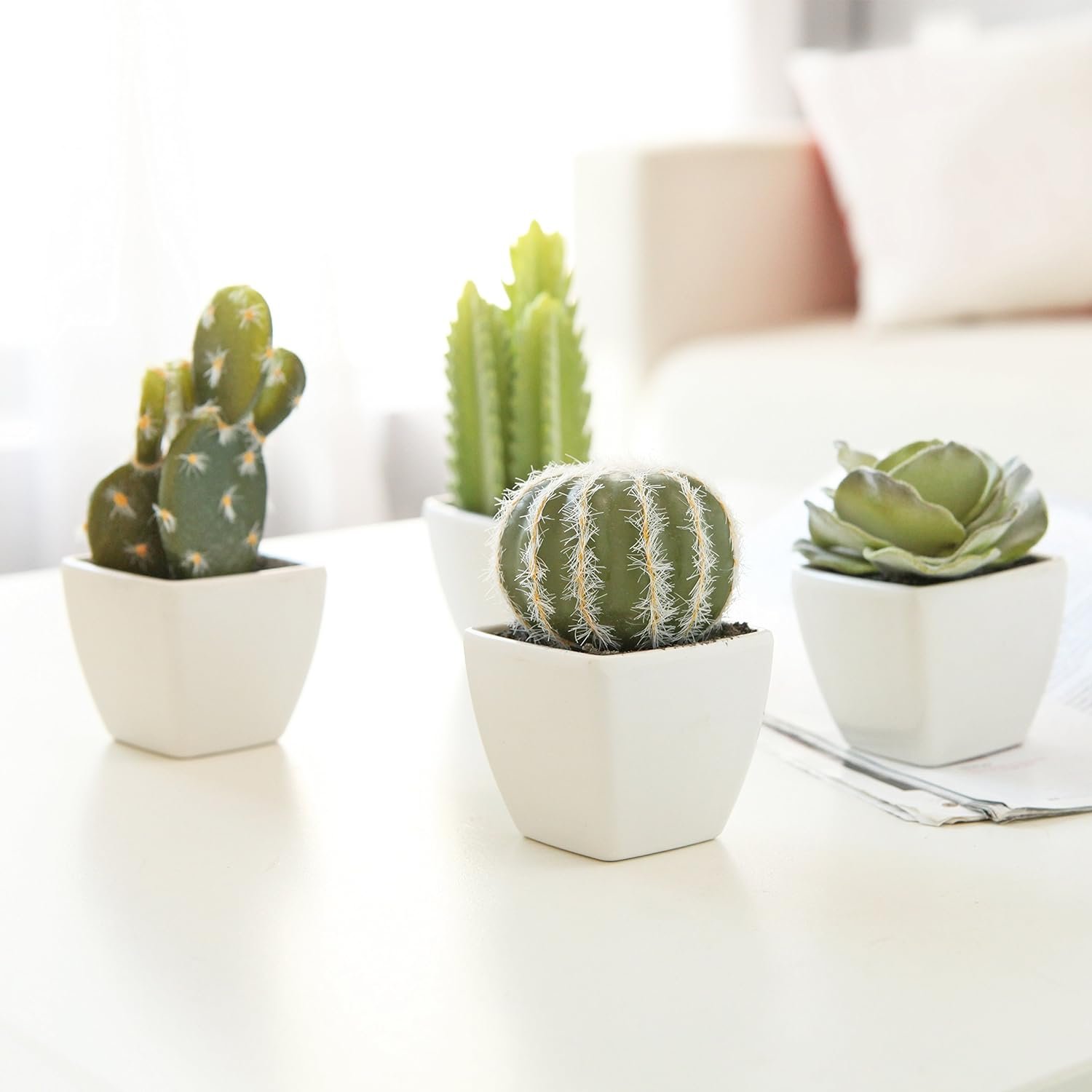 MyGift Set of 4 Assorted Miniature Artificial Succulent  Cactus Plants in White Cube-Shaped Pots