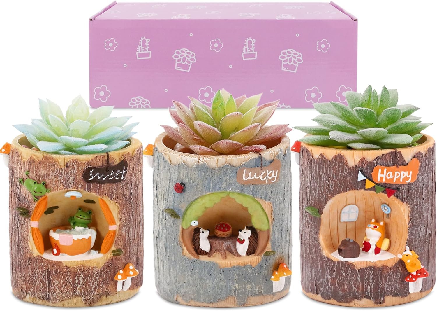 Segreto Creative Plants Pots Brush Pots Tree Stump Planter Gift Boxed for Flower Sedum Succulent Plants Desk Garden Room Pot Decor,Pack of 3,Gift Boxed