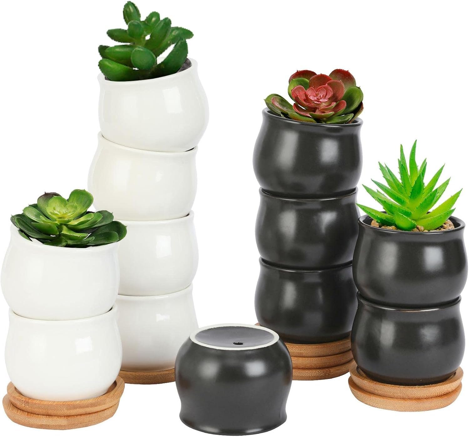 SHECIPIN 8 Pack Succulent Plant Pot, Matte Black Mini 2.6 inch Ceramic Flower Planter Pot with Bamboo Tray, Small Pots for Plants, Plants Not Included