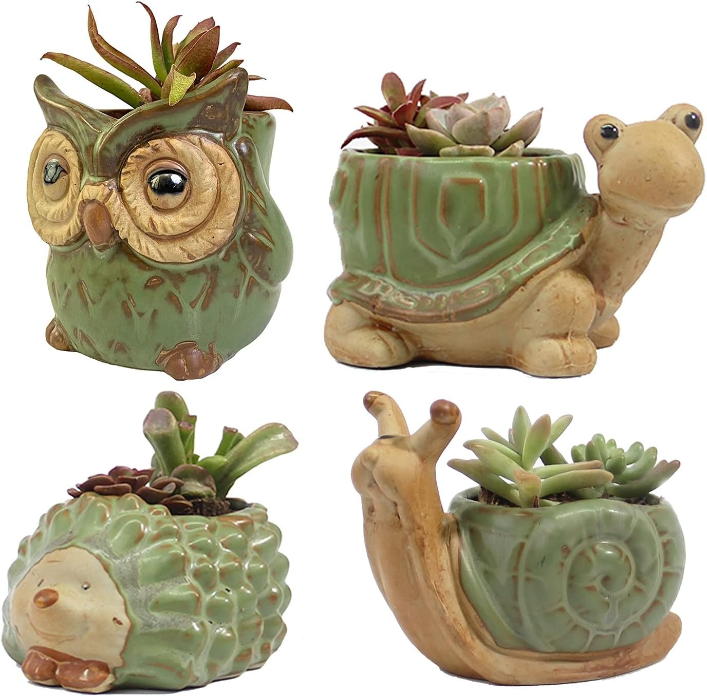 SUNSMIL Small Ceramic Succulent Pot with Drainage, Animal Succulent Planter, 4.4 Inch Flower Pots, for Flower, Cactus, Mini Succulent Plants, Indoor and Outdoor use, Set of 4 Garden Gift