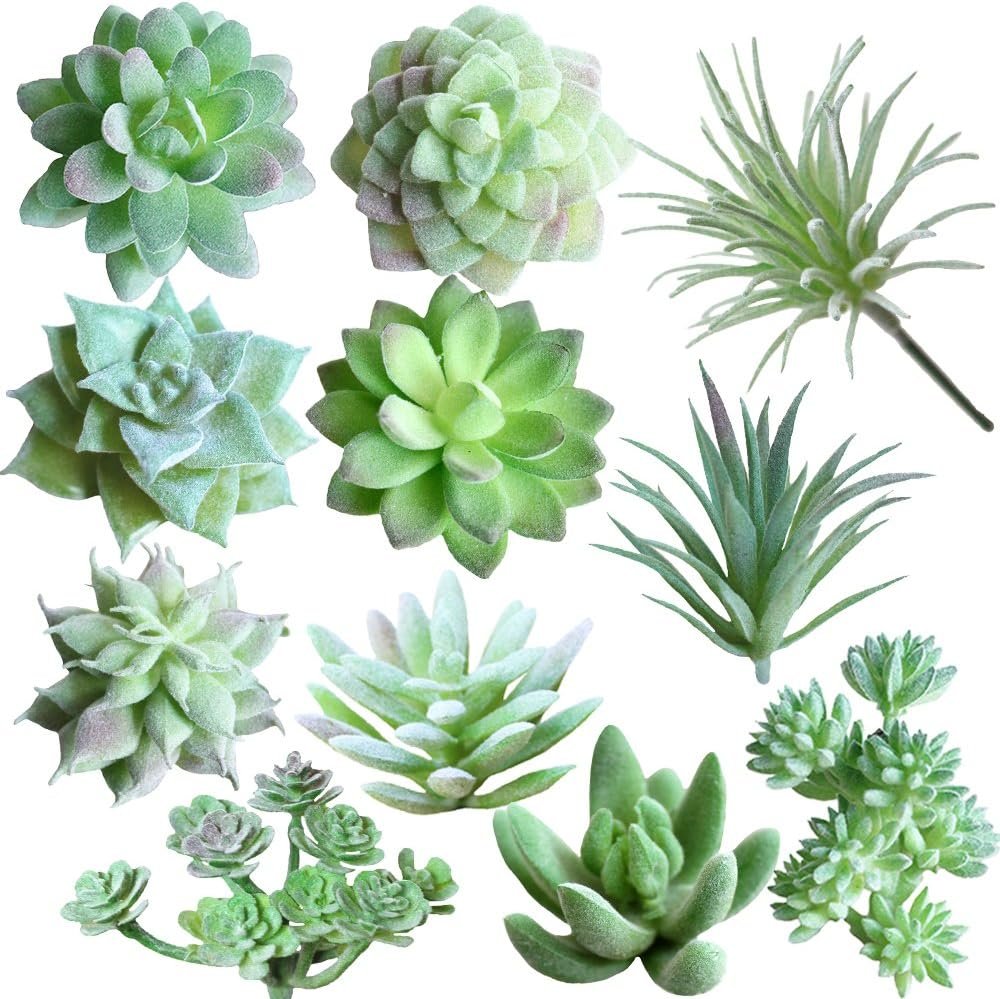 Supla 11 Pcs Mini Artificial Succulents Picks Unpotted Faux Succulent Assortment in Flocked Green in Different Type Different Size Succulents Echeveria Agave Floral Arrangement Mother Day s Gift