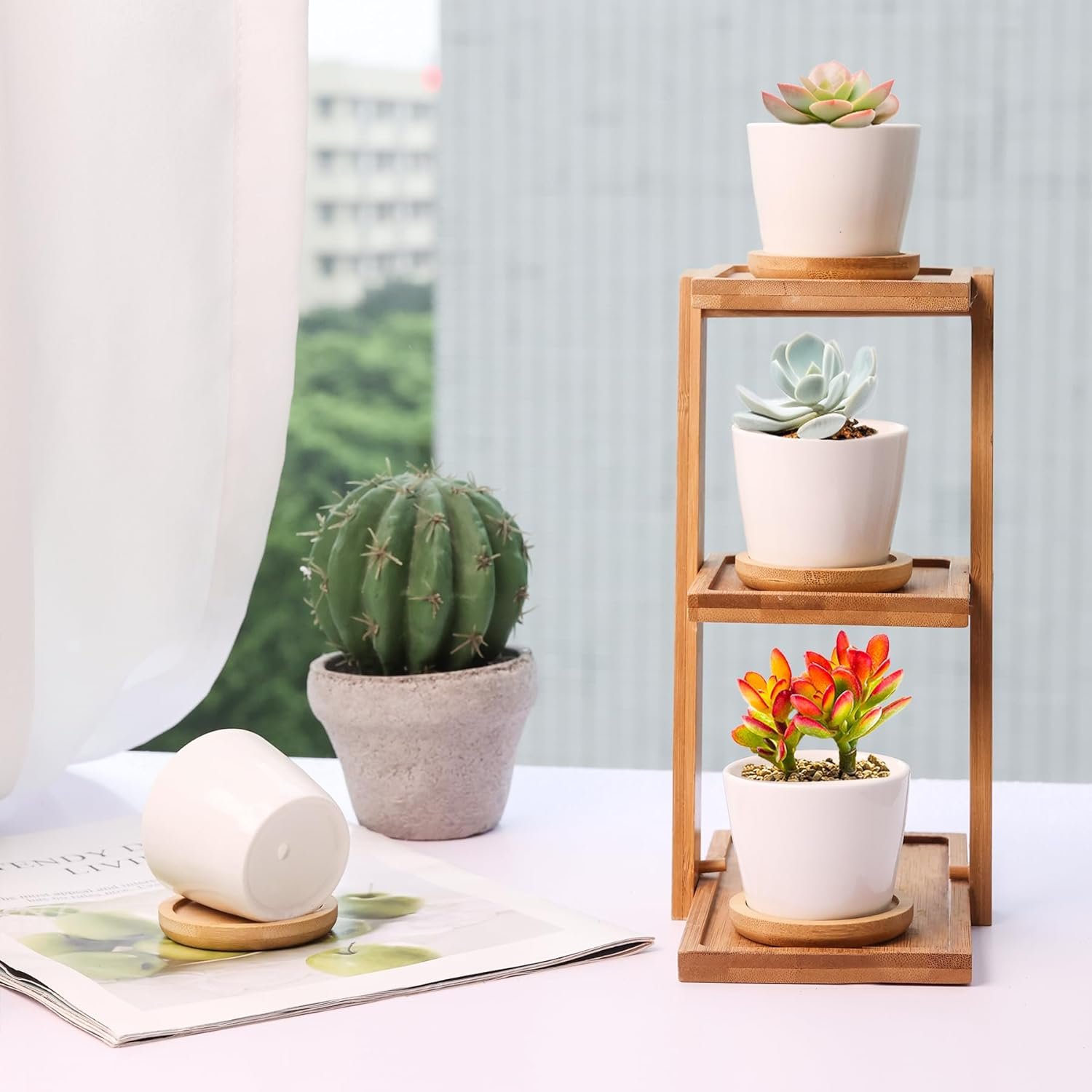 T4U 2 Inch Small White Succulent Planter Pots with Bamboo Tray Square Set of 12, Ceramic Flower Pots Cactus Air Plant Faux Plants Containers,Plant Lover Gifts for Women, Modern Home and Office Decor