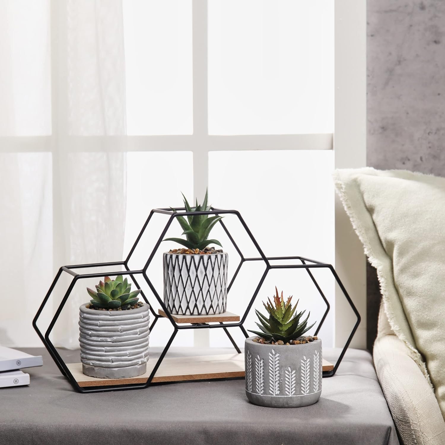 TERESAS COLLECTIONS Modern Artificial Potted Plants for Home Decor, Indoor Fake Plant, Boho Wall Decor with Metal Shelf, Faux Succulents for Shelf, Table, Office, Desk and Gift Choice, 6.7”- Set of 3