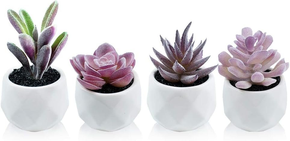 Tiita Purple Artificial Faux Succulents in Pots, Mini Purple Fake Plants for Women Desk, Small Realistic Faux Succulents for Home Office Accessories Window Sill Bathroom Bedroom 4 Set, Purple