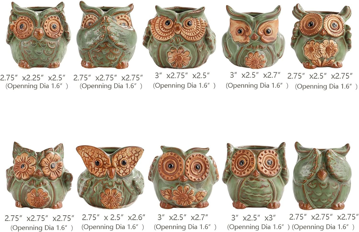 TOPZEA 10 Pack Owl Ceramic Succulent Planter Pots with Drainage Hole, Cute Animal Small Planters Tiny Flower Plant Pots Containers Indoor for Cactus, Herb, Home Decor, Green