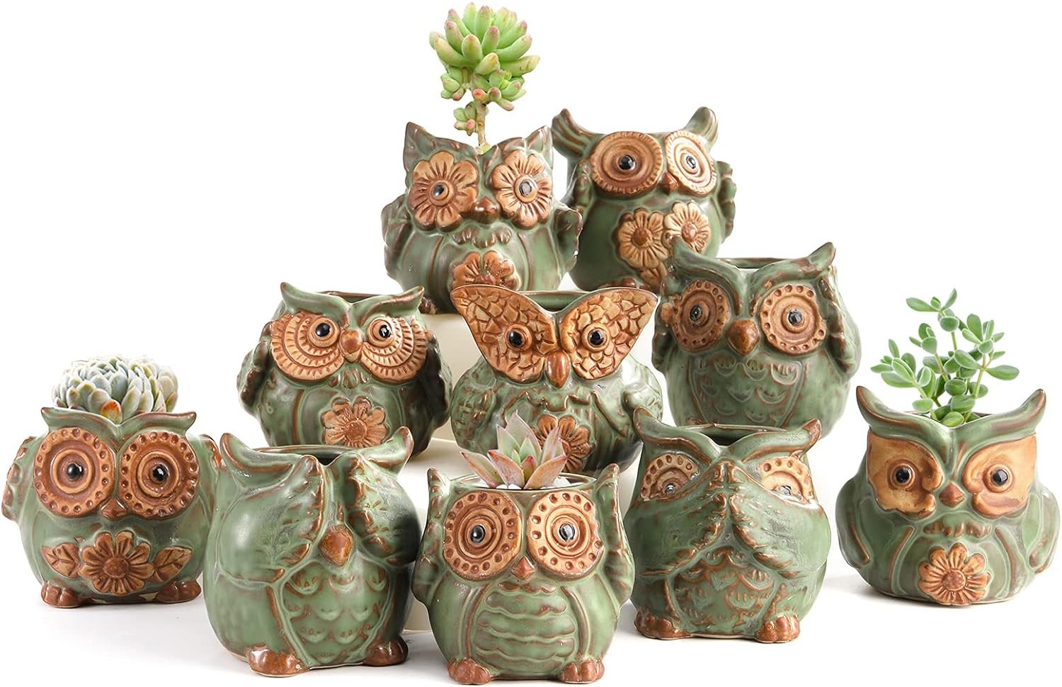 TOPZEA 10 Pack Owl Ceramic Succulent Planter Pots with Drainage Hole, Cute Animal Small Planters Tiny Flower Plant Pots Containers Indoor for Cactus, Herb, Home Decor, Green