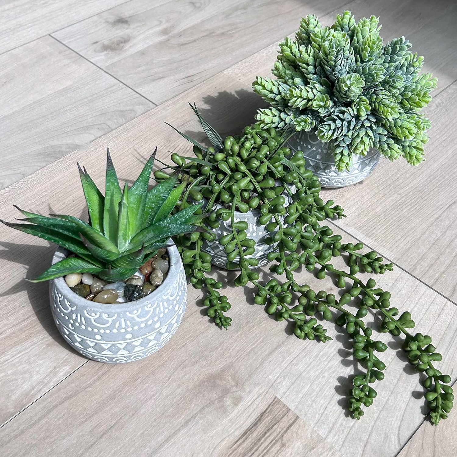 Winlyn 3 Pcs Assorted Small Potted Succulent Plants Artificial Aloe Hops String of Pearls Succulents in Gray Geometric Concrete Pots for Gifts Table Shelf Windowsill Indoor Outdoor Greenery Decor