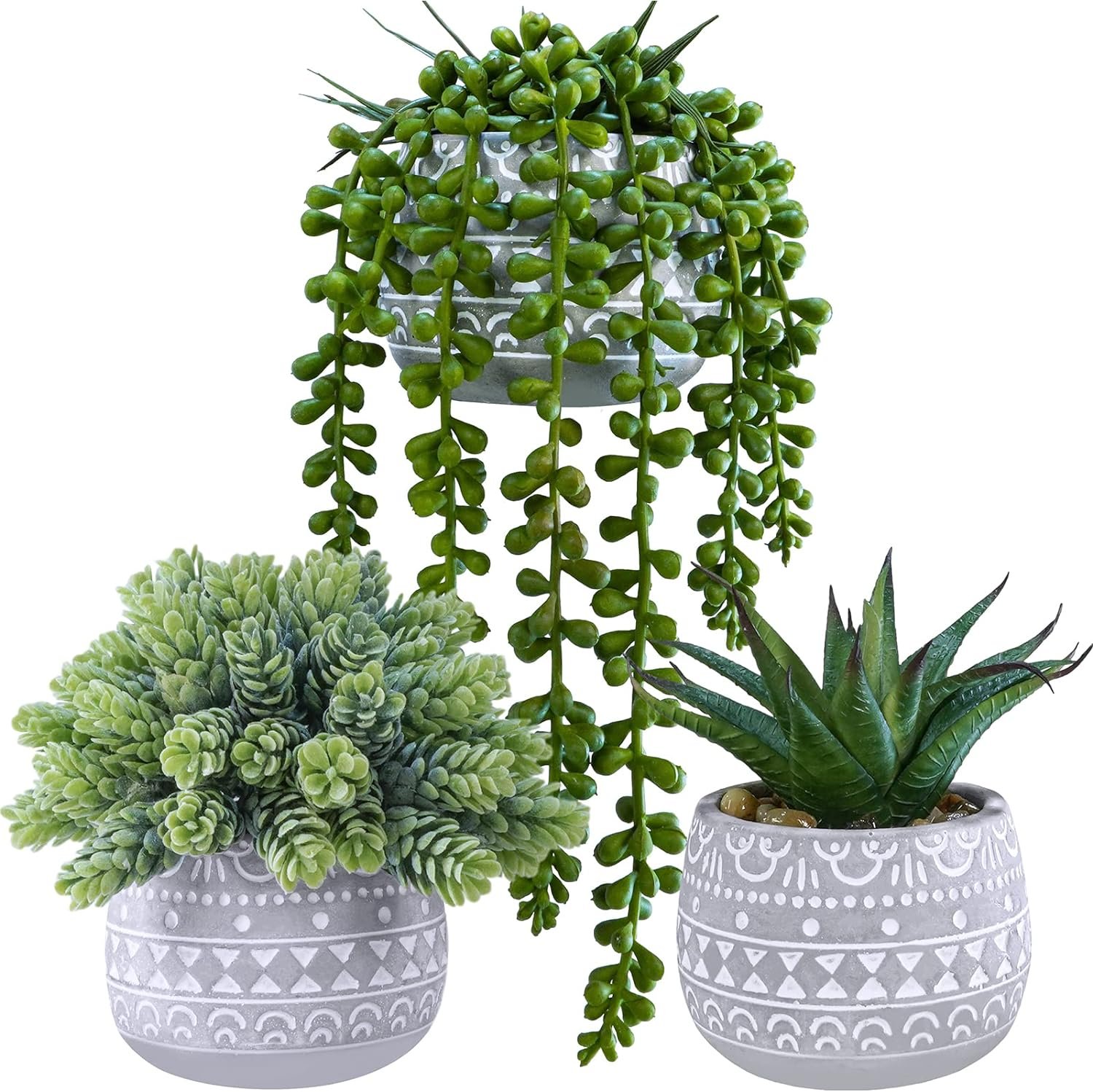 Winlyn 3 Pcs Assorted Small Potted Succulent Plants Artificial Aloe Hops String of Pearls Succulents in Gray Geometric Concrete Pots for Gifts Table Shelf Windowsill Indoor Outdoor Greenery Decor